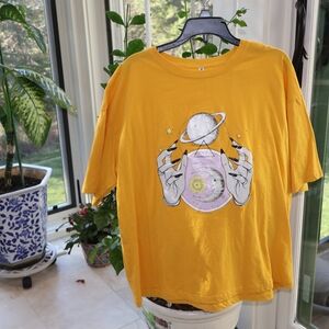 Mustard Yellow Graphic Tee with Planet & Crystal Ball Art